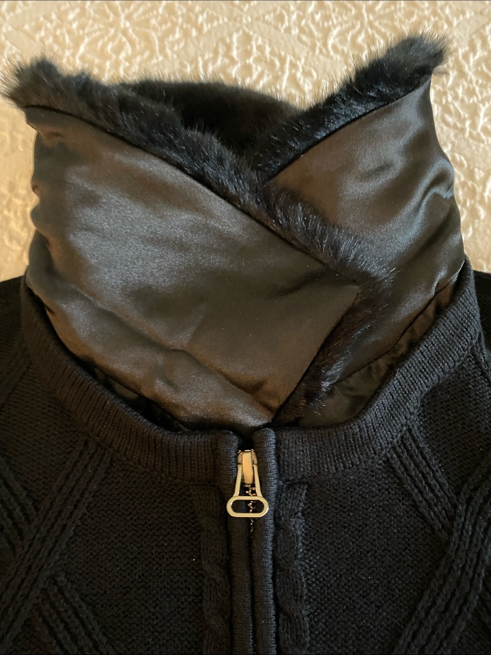 Talbots Black Knit Zip Cardigan with Faux Fur Trim • Petite Large - Picture 8 of 15